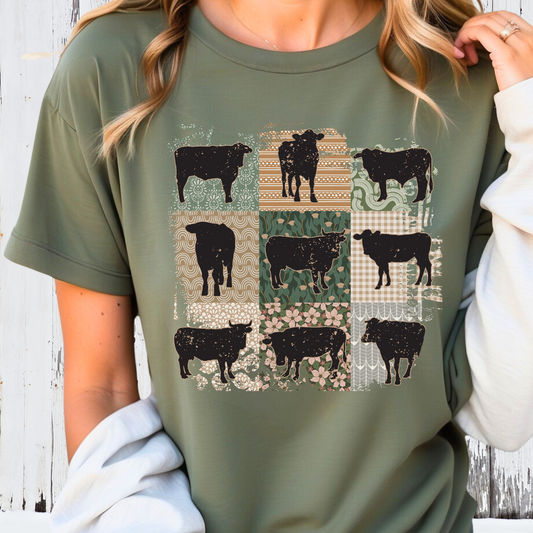 Vintage Quilt Cow Shirt, Western Graphic T Shirt Cow Sweatshirt, Comfort Western Wear Gifts for Cow Lovers