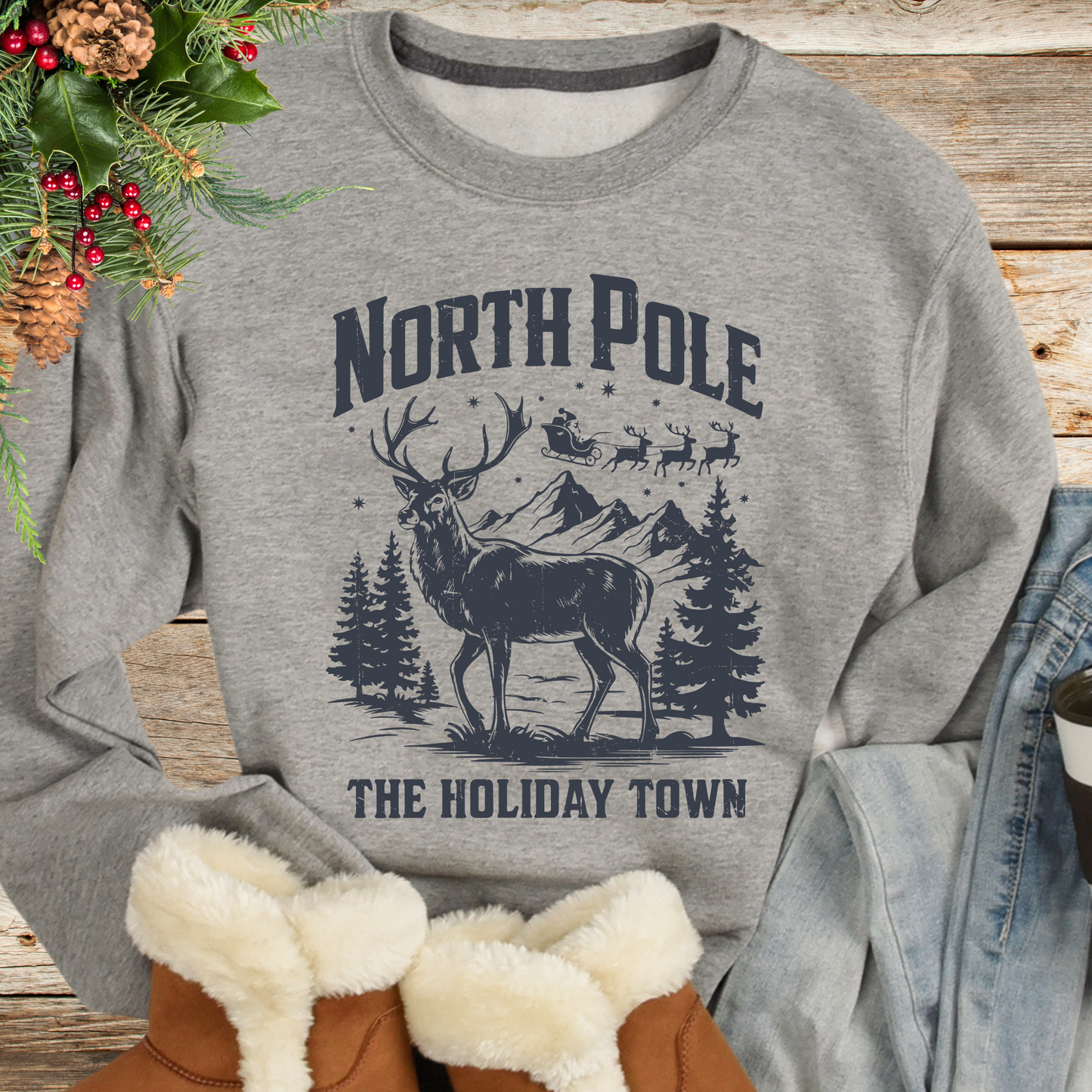 North Pole Holiday Town Shirts Santa Claus shirts Christmas Sweaters Reindeer shirts Gifts for her Outdoor apparel