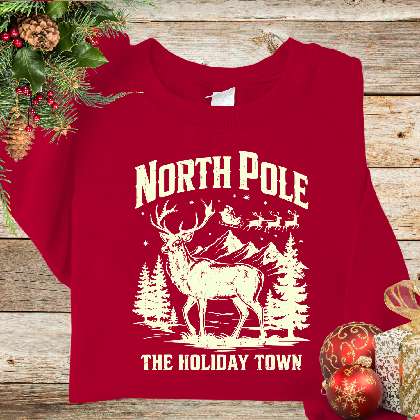 North Pole Holiday Town Shirts Santa Claus shirts Christmas Sweaters Reindeer shirts Gifts for her Outdoor apparel