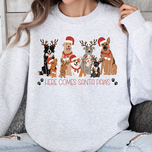 Here Comes Santa Paws Christmas shirts and Sweatshirts Holiday Dog Mom shirts Dog lover shirts