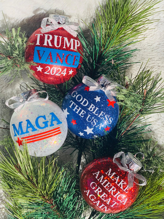 Trump 2024 Christmas Ornaments Glitter Christmas Ornaments MAGA decor Trump Vance Decor  Shatter free Christmas tree ornament Red white and blue America Christmas decor